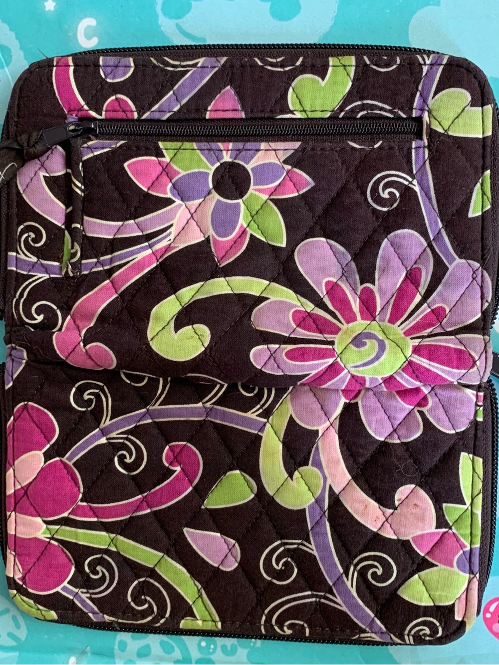 Vera Bradley Black Quilted Floral Tablet Sleeve with Pink Purple Green Accents